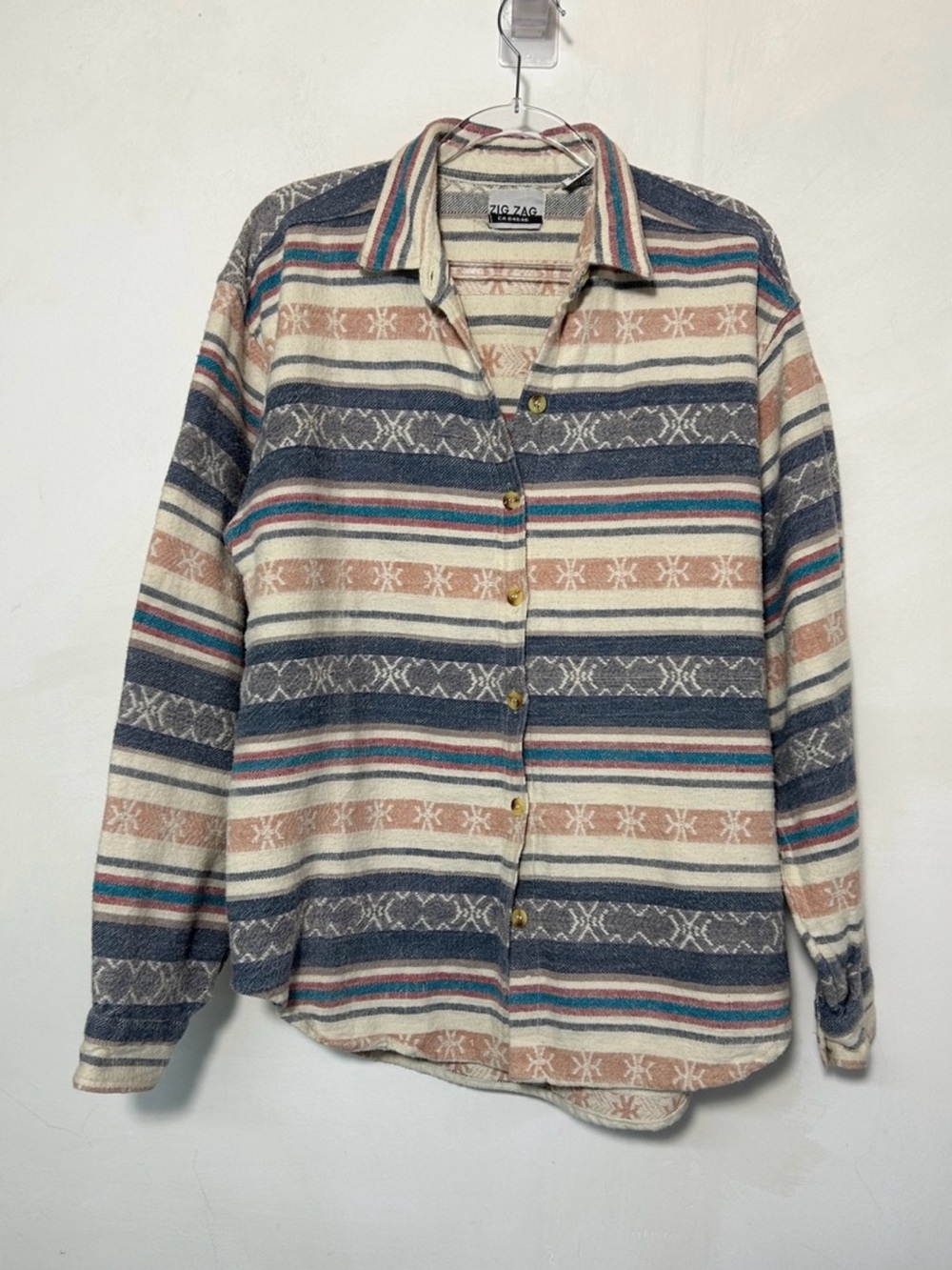 Western Shacket Womens Blue Cream Button Up Boho Stripes Cowgirl Medium